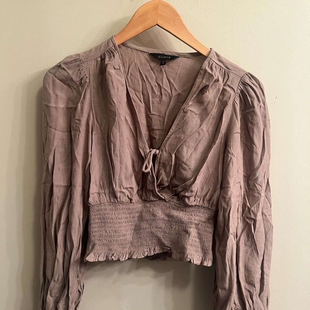 Express Purple Crop Blouse with Flutter Sleeves and Smocked Details
